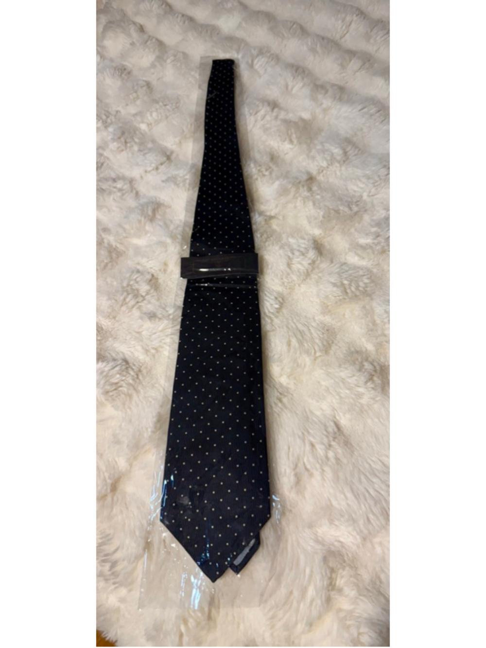 NWT,vintage Balenciaga Paris, textured black with white polka dot silk necktie.